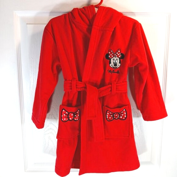 Disney Minnie Mouse NWOT Girl's Red Hooded Fleece Robe Bathrobe Size 3T - Picture 6 of 16